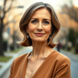 A 45-year-old woman with medium-length hair and fair skin, dressed in a modest and understated style that reflects her elegance
