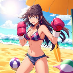 A dynamic and energetic scene featuring Makoto Niijima from Persona 5, depicted in a vibrant beach setting