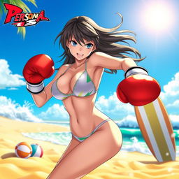 A dynamic and energetic scene featuring Makoto Niijima from Persona 5, depicted in a vibrant beach setting