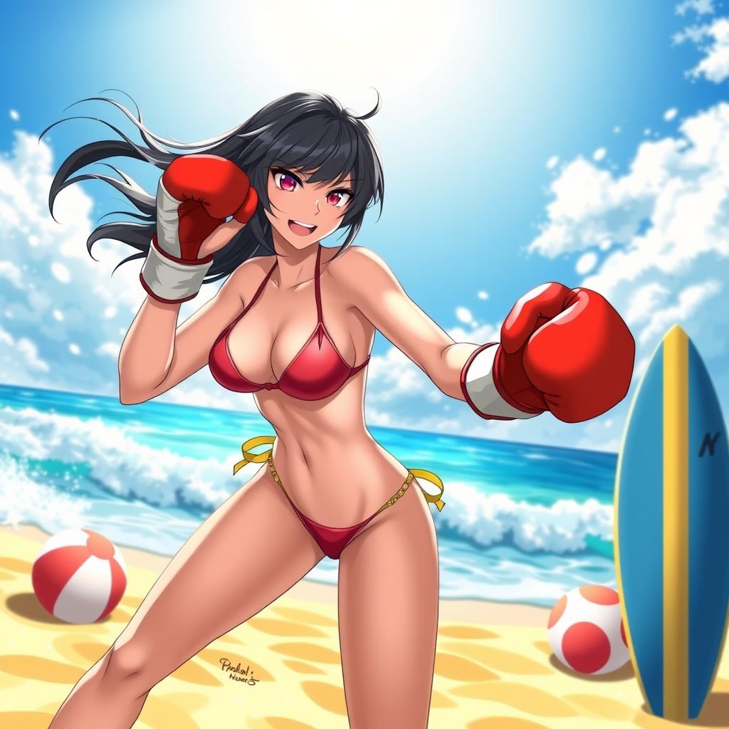 A dynamic and energetic scene featuring Makoto Niijima from Persona 5, depicted in a vibrant beach setting