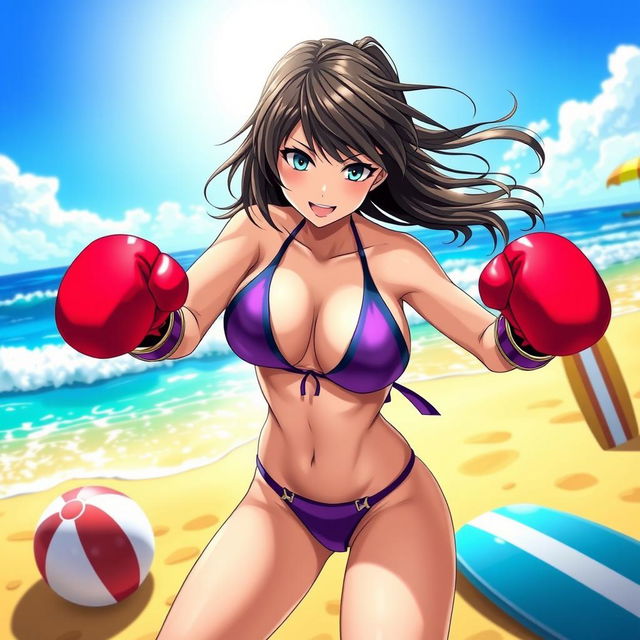 A dynamic and energetic scene featuring Makoto Niijima from Persona 5, depicted in a vibrant beach setting