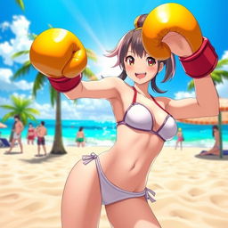 A vibrant beach scene featuring Rise Kujikawa, a character from the video game series, dressed in a stylish bikini and boxing gloves