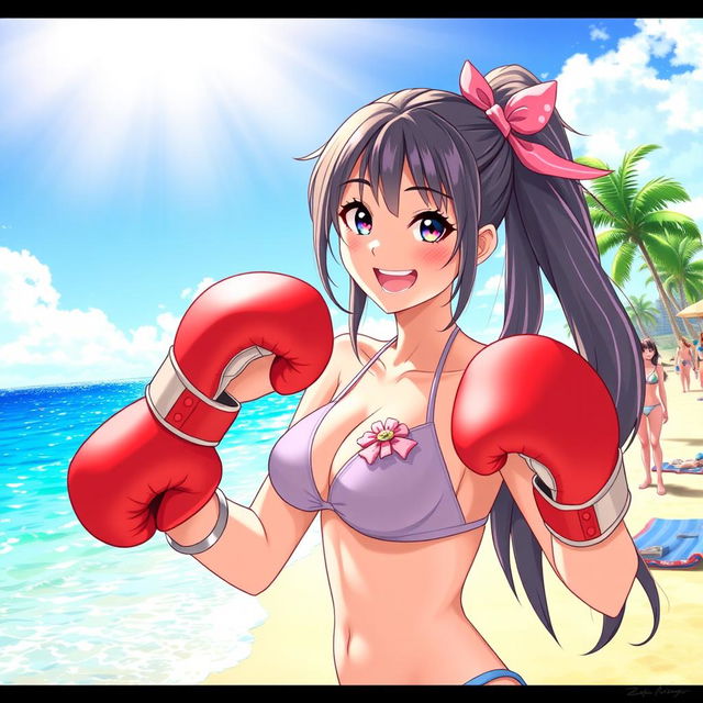 A vibrant beach scene featuring Rise Kujikawa, a character from the video game series, dressed in a stylish bikini and boxing gloves