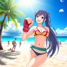 A vibrant beach scene featuring Rise Kujikawa, a character from the video game series, dressed in a stylish bikini and boxing gloves