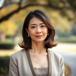 A 45-year-old woman with medium-length hair and fair skin, dressed in a modest and tasteful outfit that reflects a sense of elegance