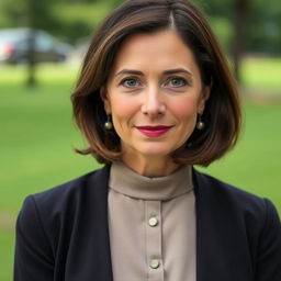 A 45-year-old woman with medium-length hair and fair skin, dressed in a modest and tasteful outfit that reflects a sense of elegance
