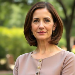 A 45-year-old woman with medium-length hair and fair skin, dressed in a modest and tasteful outfit that reflects a sense of elegance