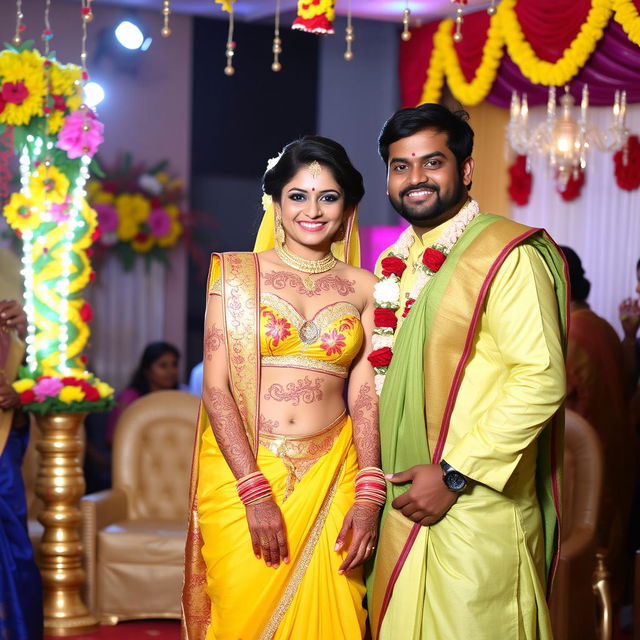 An Indian wedding reception featuring a beautiful couple, with the bride wearing a vibrant yellow bikini adorned with intricate mehendi designs on her body