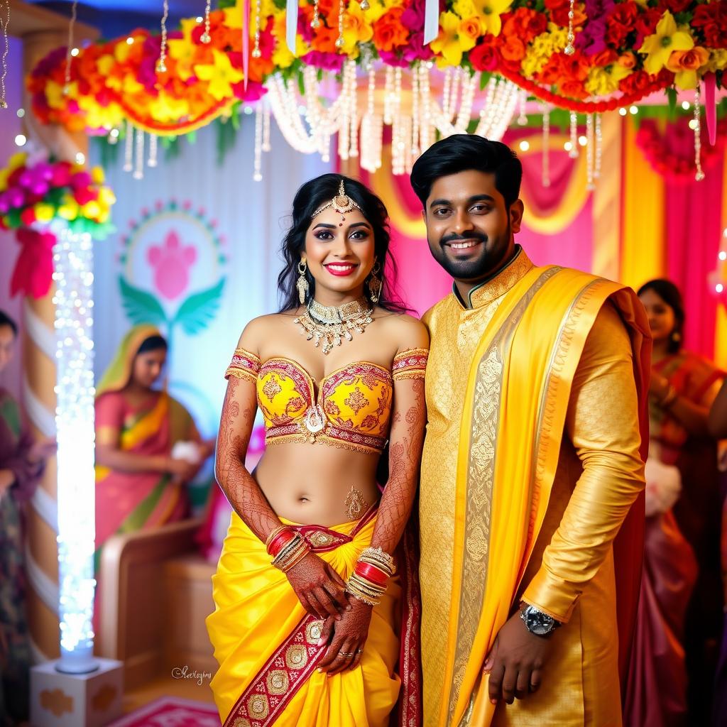 An Indian wedding reception featuring a beautiful couple, with the bride wearing a vibrant yellow bikini adorned with intricate mehendi designs on her body