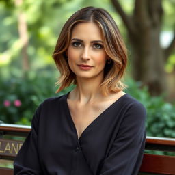 A 36-year-old woman with medium-length hair and fair skin, adorned with light makeup that enhances her natural appearance