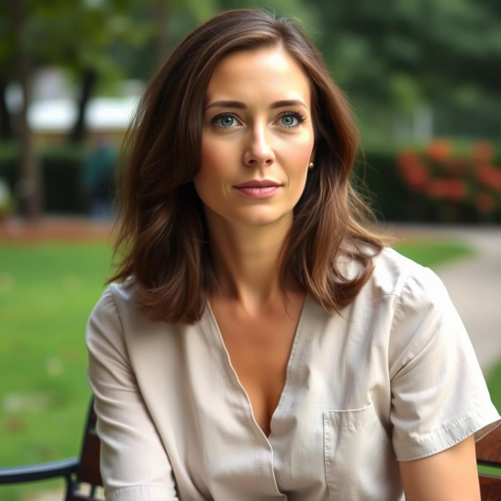 A 36-year-old woman with medium-length hair and fair skin, adorned with light makeup that enhances her natural appearance