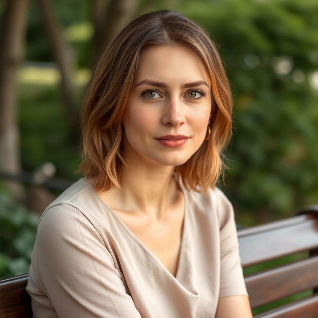 A 36-year-old woman with medium-length hair and fair skin, adorned with light makeup that enhances her natural appearance