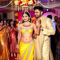 An Indian wedding reception featuring a beautiful couple
