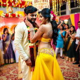 An Indian wedding reception featuring a beautiful couple