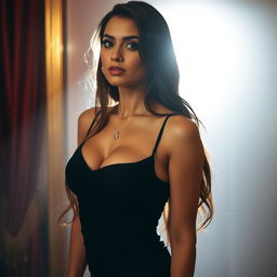A seductive and alluring woman in an elegant, form-fitted black dress, showcasing her curves and confidence