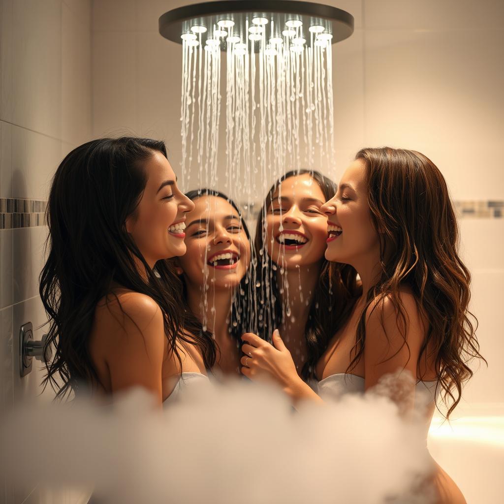 A scene featuring beautiful girls enjoying a shower in a luxurious, modern bathroom