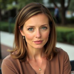 A 36-year-old woman with medium-length hair and fair skin, showcasing light makeup that highlights her natural beauty