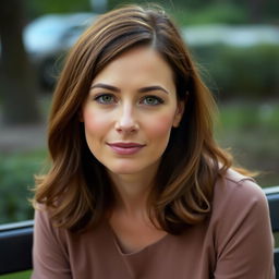 A 36-year-old woman with medium-length hair and fair skin, showcasing light makeup that highlights her natural beauty