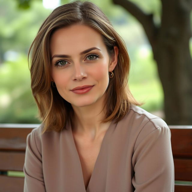 A 36-year-old woman with medium-length hair and fair skin, showcasing light makeup that highlights her natural beauty