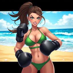 A dynamic and vibrant scene featuring a female character inspired by Shego, known for her green and black outfit, now wearing a stylish bikini while boxing on the beach
