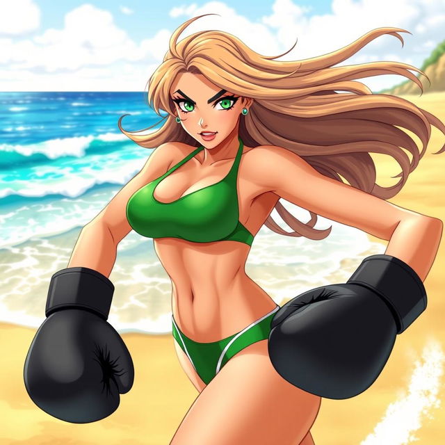 A dynamic and vibrant scene featuring a female character inspired by Shego, known for her green and black outfit, now wearing a stylish bikini while boxing on the beach