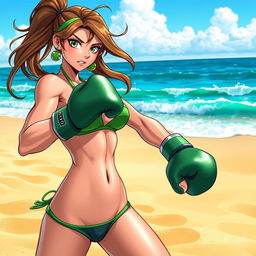 A dynamic and vibrant scene featuring a female character inspired by Shego, known for her green and black outfit, now wearing a stylish bikini while boxing on the beach