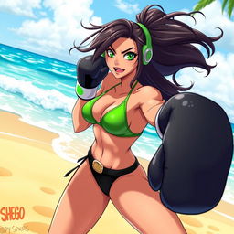 A dynamic and vibrant scene featuring a female character inspired by Shego, known for her green and black outfit, now wearing a stylish bikini while boxing on the beach