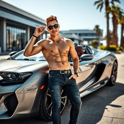 A stylish male model posing confidently next to a luxurious sports car