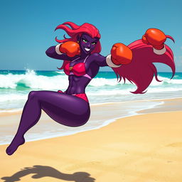 A dynamic scene featuring Blackfire, a tall and fierce character from the Teen Titans, engaging in an exciting beach boxing match