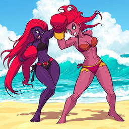 A dynamic scene featuring Blackfire, a tall and fierce character from the Teen Titans, engaging in an exciting beach boxing match