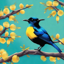 A high-quality digital art showcasing a tui, an indigenous bird of New Zealand, perched on a branch of a vibrant yellow-flowered kowhai tree