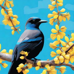 A high-quality digital art showcasing a tui, an indigenous bird of New Zealand, perched on a branch of a vibrant yellow-flowered kowhai tree