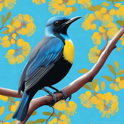 A high-quality digital art showcasing a tui, an indigenous bird of New Zealand, perched on a branch of a vibrant yellow-flowered kowhai tree