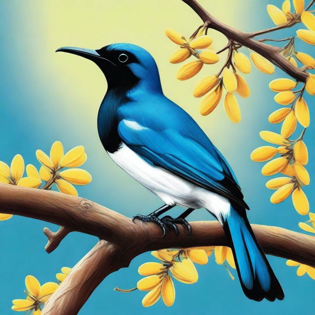 A high-quality digital art showcasing a tui, an indigenous bird of New Zealand, perched on a branch of a vibrant yellow-flowered kowhai tree