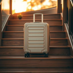 A medium-sized beige wheeled suitcase positioned on the second step of a five-step staircase