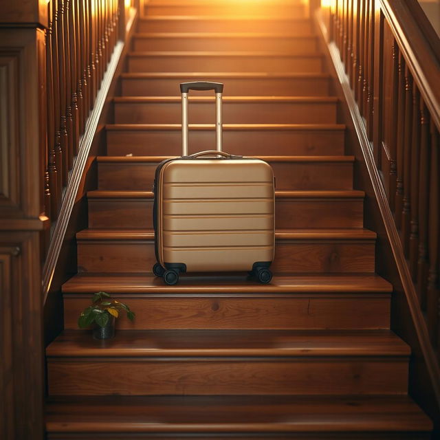 A medium-sized beige wheeled suitcase positioned on the second step of a five-step staircase