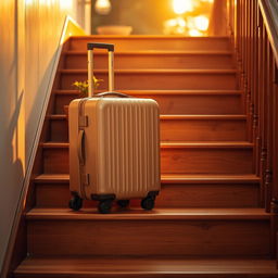 A medium-sized beige wheeled suitcase positioned on the second step of a five-step staircase