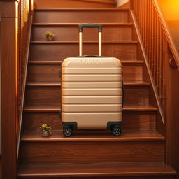A medium-sized beige wheeled suitcase positioned on the second step of a five-step staircase