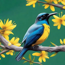 A revised digital art piece, featuring a tui bird perched on a branch of a kowhai tree with its vibrant yellow flowers