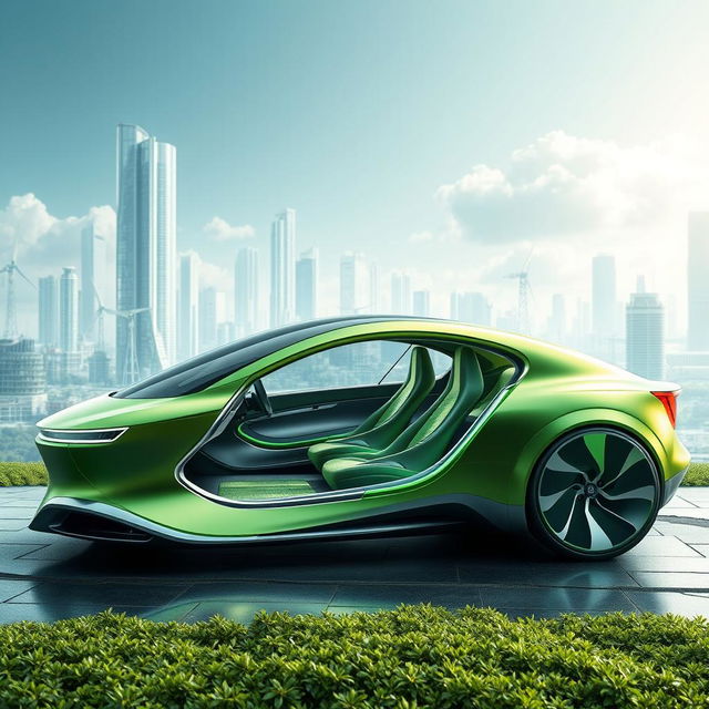 A futuristic concept car design that embodies ecology and innovation, featuring a sleek, aerodynamic shape made from sustainable materials