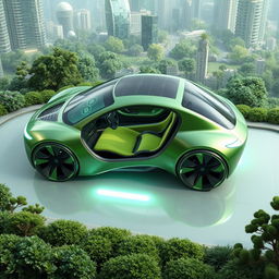 A futuristic concept car design that embodies ecology and innovation, featuring a sleek, aerodynamic shape made from sustainable materials