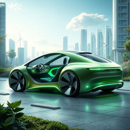 A futuristic concept car design that embodies ecology and innovation, featuring a sleek, aerodynamic shape made from sustainable materials