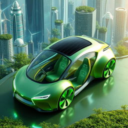 A futuristic concept car design that embodies ecology and innovation, featuring a sleek, aerodynamic shape made from sustainable materials