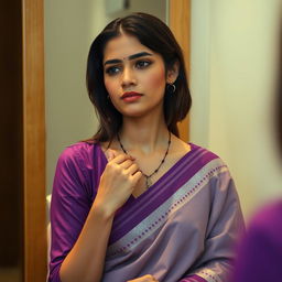 A beautiful woman sitting in front of a dressing mirror, gently untying her necklace