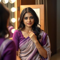 A beautiful woman sitting in front of a dressing mirror, gently untying her necklace