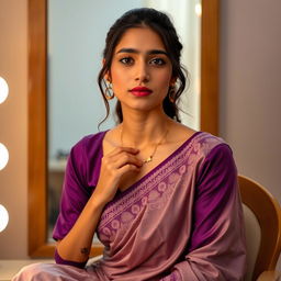 A beautiful woman sitting in front of a dressing mirror, gently untying her necklace