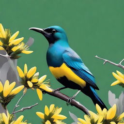 A revised digital art piece, featuring a tui bird perched on a branch of a kowhai tree with its vibrant yellow flowers