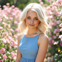 A 20-year-old woman with striking blue eyes and platinum blonde hair styled in soft waves, complemented by matching platinum blonde eyebrows