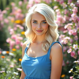A 20-year-old woman with striking blue eyes and platinum blonde hair styled in soft waves, complemented by matching platinum blonde eyebrows