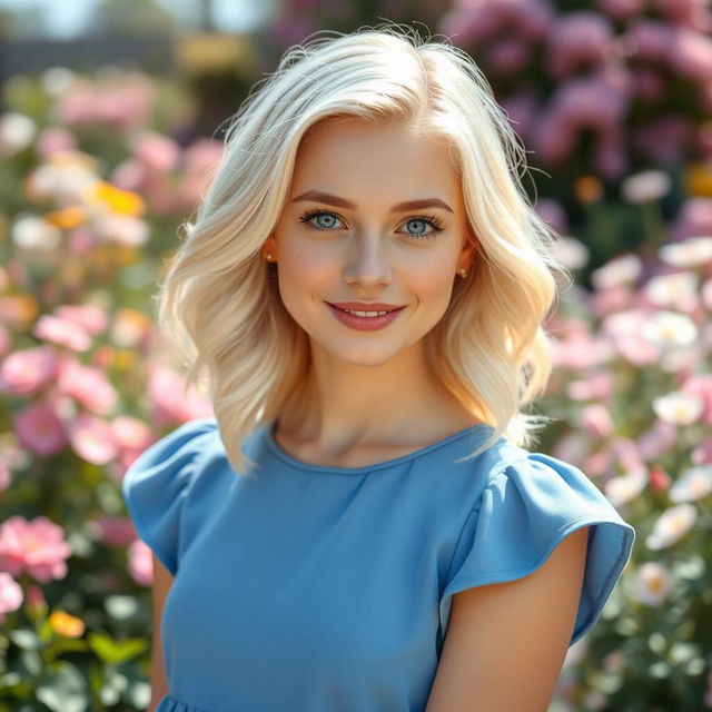 A 20-year-old woman with striking blue eyes and platinum blonde hair styled in soft waves, complemented by matching platinum blonde eyebrows